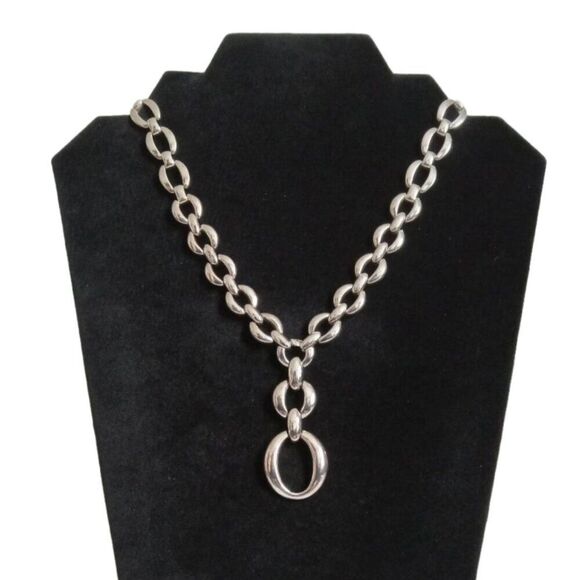 Silver Toned Heavyweight Metal Single Strand Oval Links Lariat Style Necklace - Picture 1 of 10